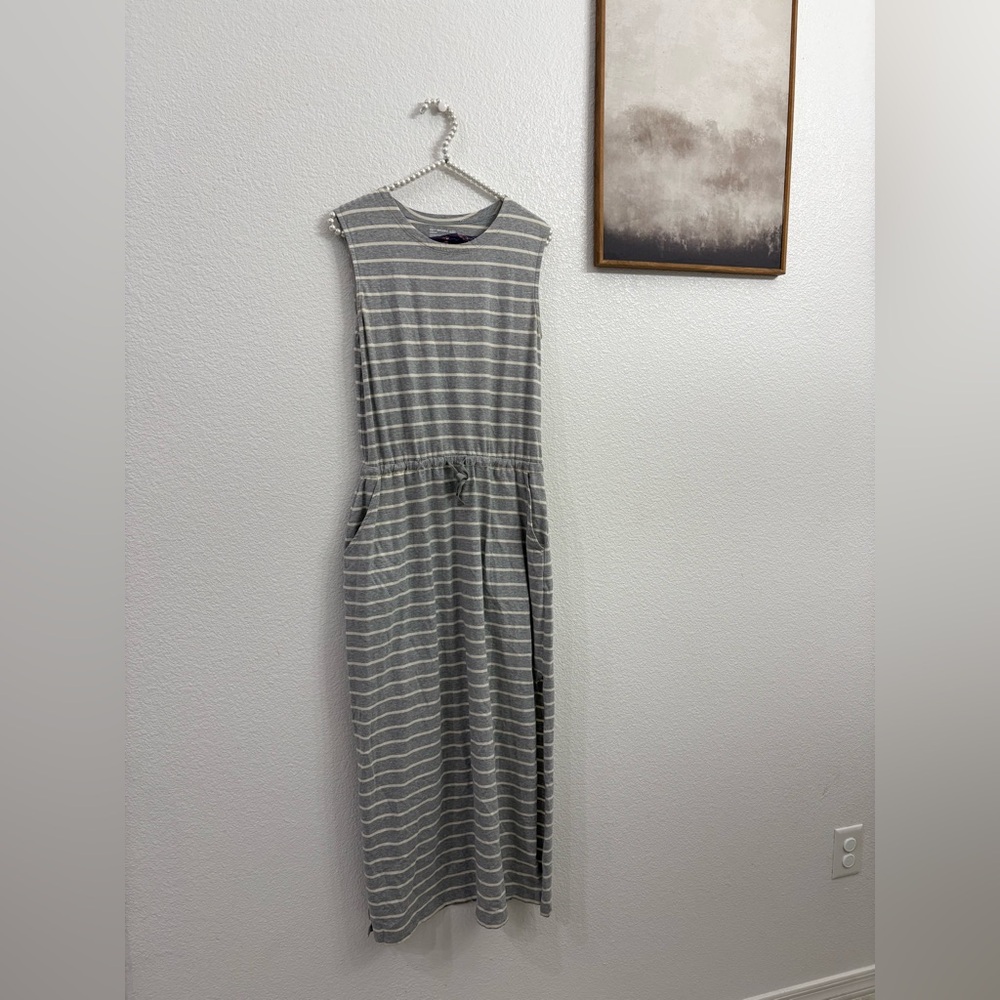 Pact Organic M Sleeveless Gray Striped Maxi Dress with Drawstring Waist